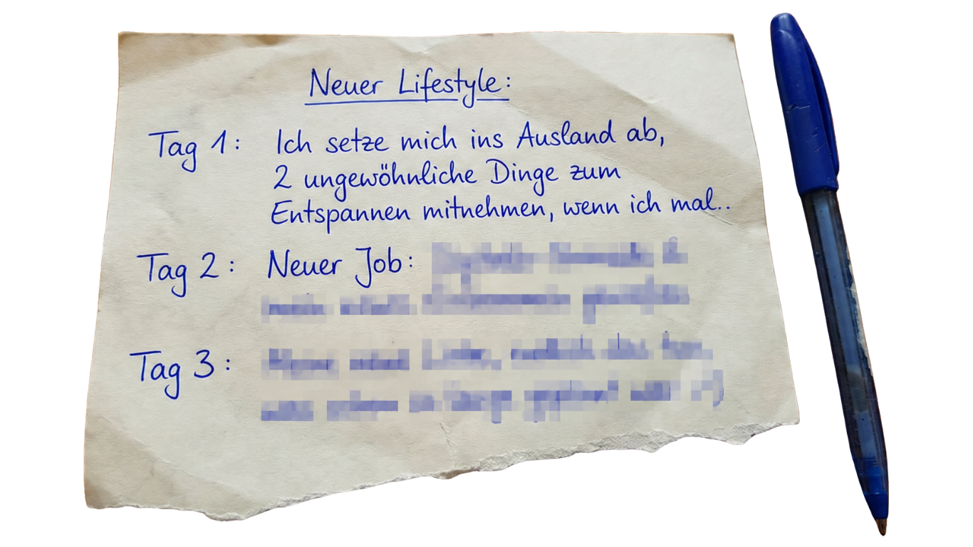 Handgeschriebener Zettel mit Tag 1-3 Plan